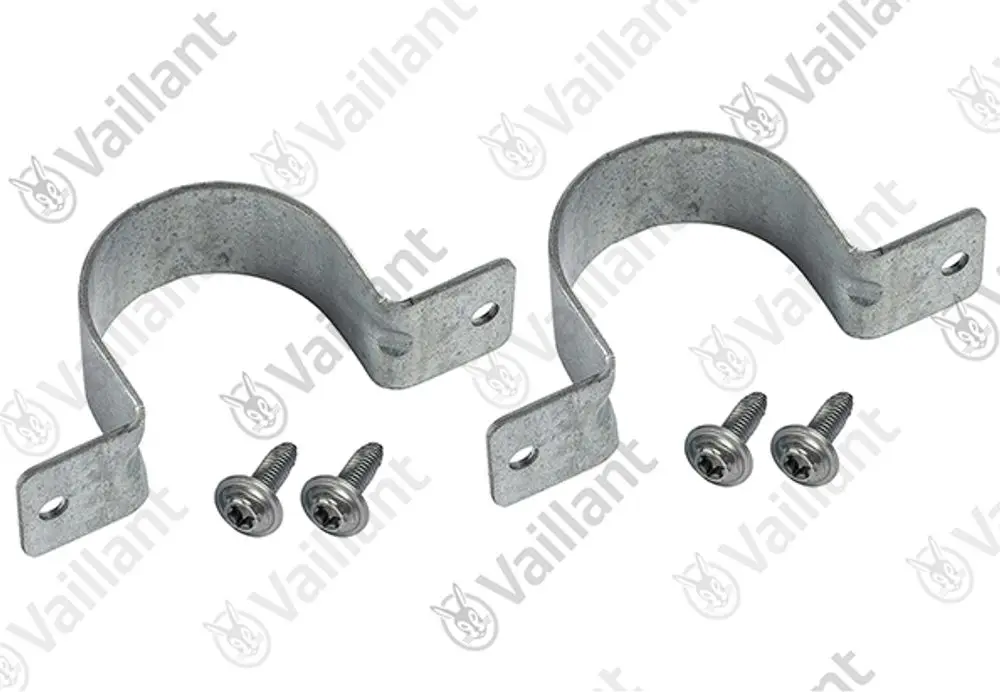 Zwei Halter aus Metall von Vaillant, mit Schrauben zur Befestigung, in gebogener Form mit Bohrlöchern an den Seiten.